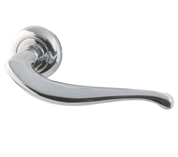 Paja Goccia Door Handles On Bevelled Round Rose, Polished Chrome (sold in pairs)