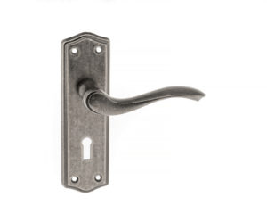 Old English Warwick Key Lever Door Handle on Backplate - Distressed Silver