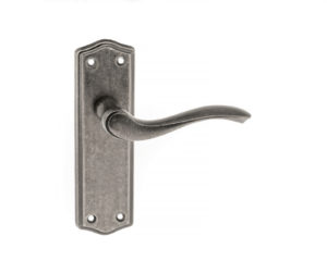 Old English Warwick Latch Lever Door Handle on Backplate - Distressed Silver