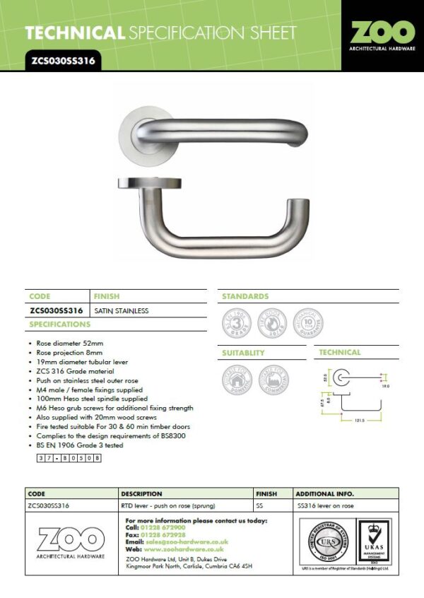 19mm Return to Door Lever on Round Rose - Grade 316