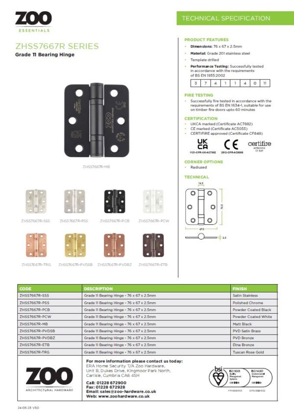 Grade 11 Ball Bearing Hinge Stainless Steel Radius - Grade 201 -76 x 67 x 2.5mm