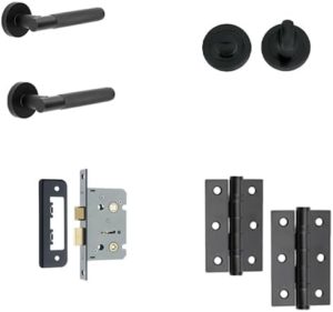 IRONMONGERY SOLUTIONS Bathroom Pack of Door Handle,Bathroom Locks,Turn & Release & Hinges - Pack of Door Handle in Matt Black Finish