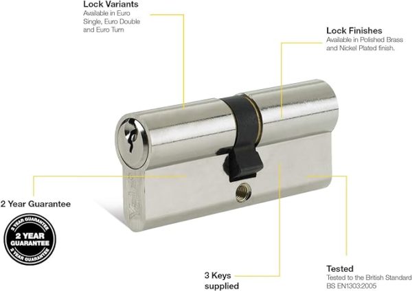 Yale Euro Double Cylinder, 3 Keys Supplied, Standard Security, Visi Packed, Suitable for All Door Types, Nickel Finish, 30:10:30 (70 mm)