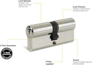 Yale Euro Double Cylinder, 3 Keys Supplied, Standard Security, Boxed, Suitable for All Door Types, Nickel Finish, 40:10:40 (90 mm)