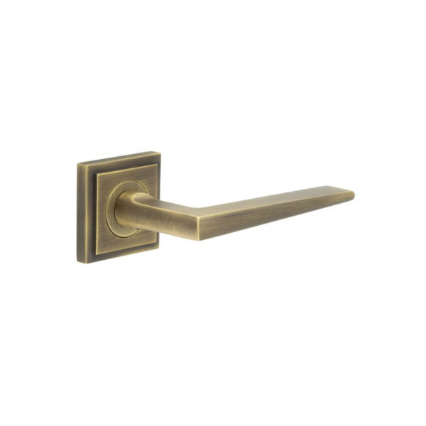Mayfair Door Handle on Square Stepped Rose Antique Brass