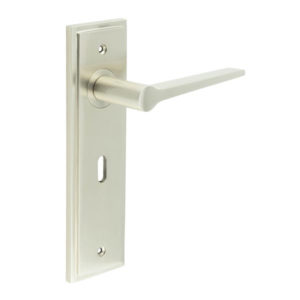 Knightbridge Door Handle Lock Backplate Satin Nickel