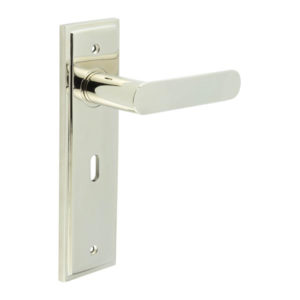 Kensington Door Handle Lock Backplate Polished Nickel