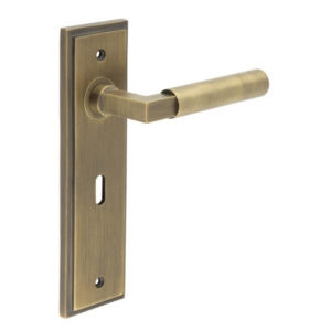 Westminster Door Handle Lock Backplate Antique Brass