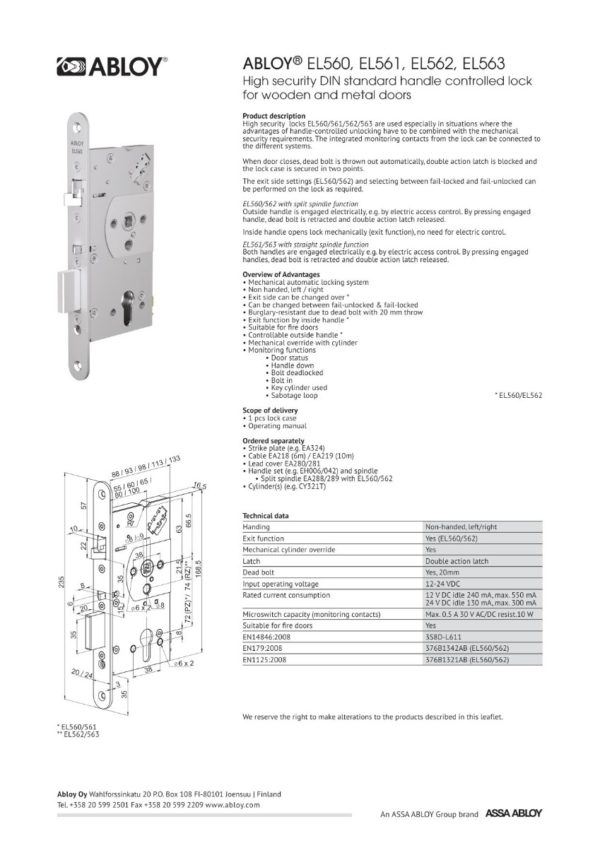 Abloy Electric Solenoid Lockcase EL560 with 65mm Backset 12/24DC