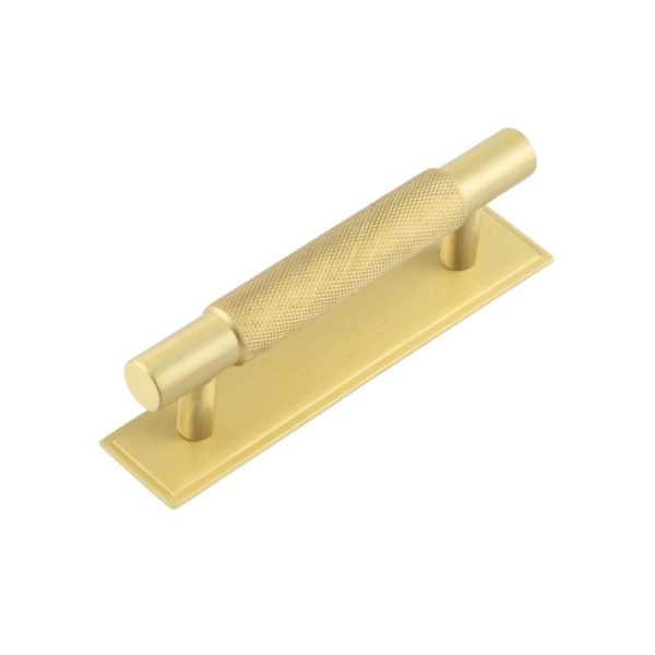 Hoxton Taplow Cabinet Handles 96mm Ctrs Stepped Backplate Satin Brass