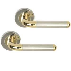Excel Hardware Orbit Lever Handle On Round Rose Polished Chrome/Polished Brass Dh003630