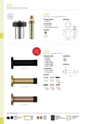 Zoo Hardware ZAS07-PVDSB Door Stop - Cylinder - 70mm Projection With Rose - PVD Satin Brass