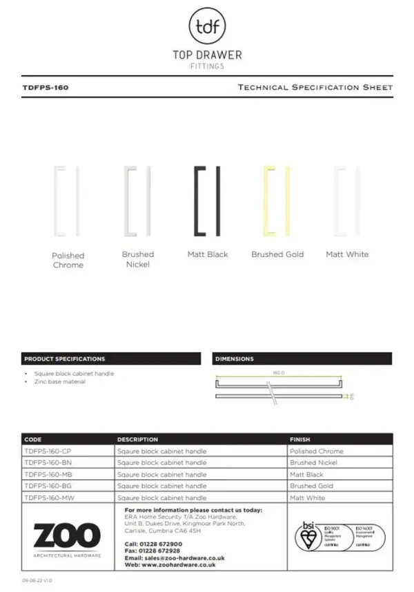 Zoo Hardware TDFPS-160-BG Square Block Cabinet handle 160mm CTC Brushed Gold Finish - Image 2