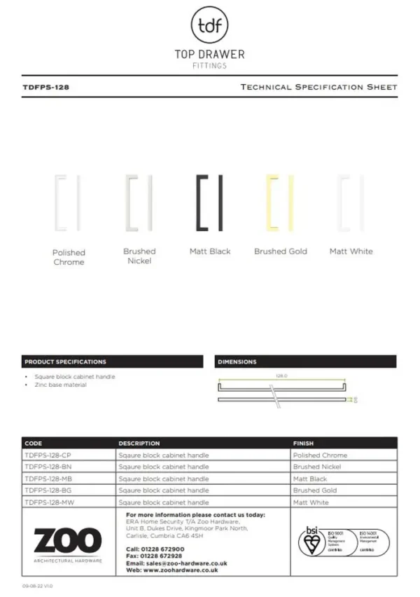 Zoo Hardware TDFPS-128-MB Square Block Cabinet handle 128mm CTC Matt Black Finish - Image 2