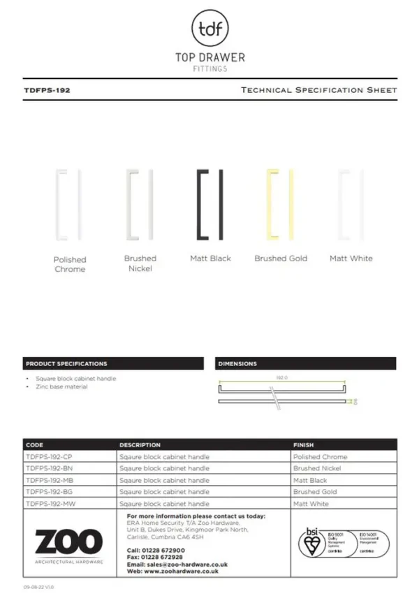 Zoo Hardware TDFPS-192-BG Square Block Cabinet handle 192mm CTC Brushed Gold Finish - Image 2