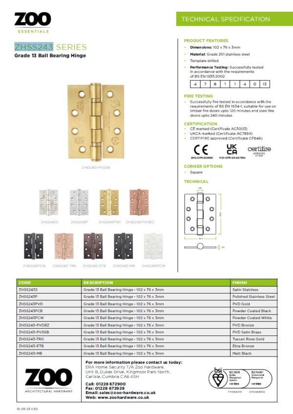 Zoo Hardware ZHSS243-ETB Grade 13 Hinges - Ball Bearing 102mm x 76mm x 3mm Square Corner - PVD Etna Bronze-E Coated Coffee - Image 3