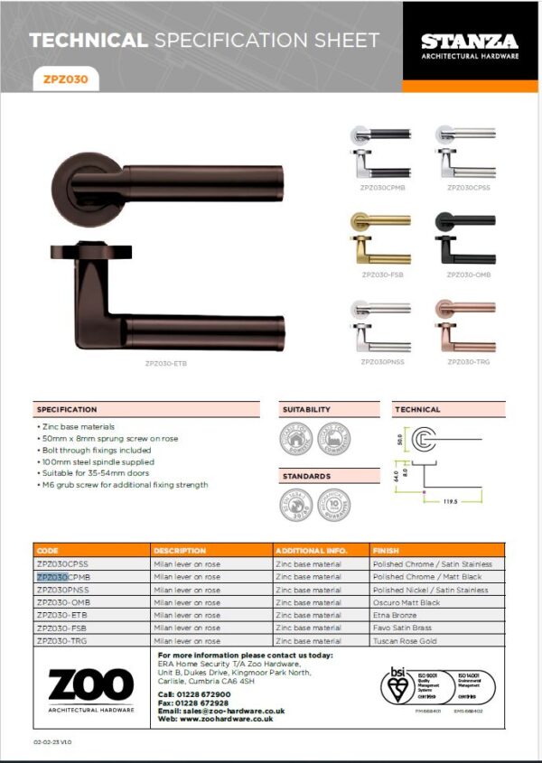 Zoo Hardware ZPZ030-FSB Milan Door Handle - Screw On Rose Pvd Satin Brass - Image 3