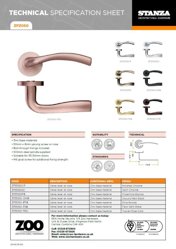 Zoo Hardware ZPZ050-FSB Siena Door Handle - Screw On Rose - Favo Satin Brass - Image 3