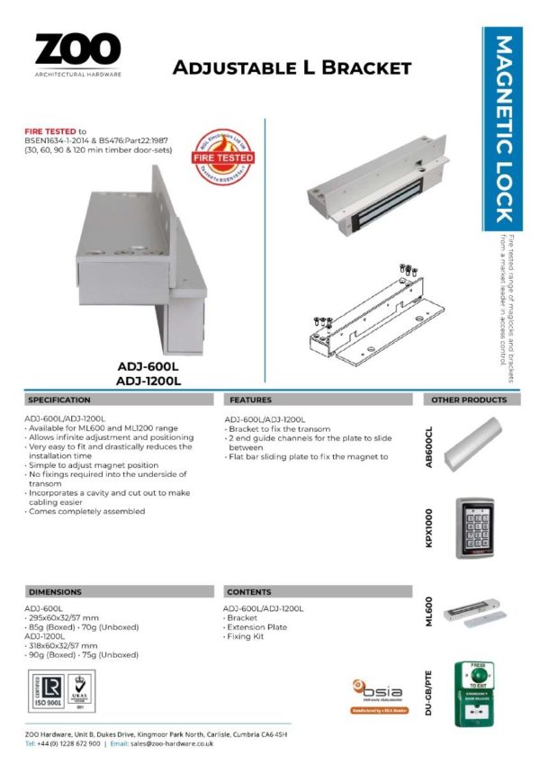 Zoo Hardware Fully Adjustable L Bracket for use with the ML1200 range of Maglocks ADJ-1200L