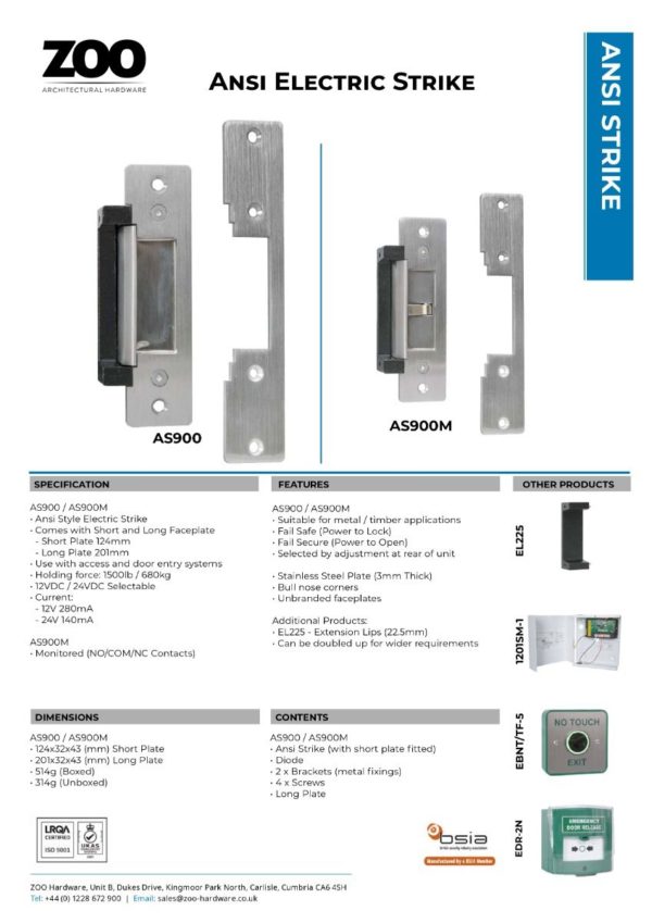 Zoo Hardware ANSI Monitored electric strike, 12/24vdc selectable, fail safe/ secure selectable AS900M