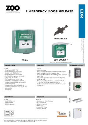 Zoo Hardware Illuminated Emergency Release Button (resettable) with front cover - Double Pole voltage EDR-2N
