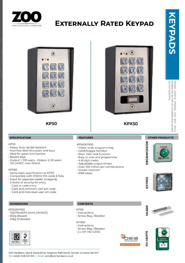 Zoo Hardware Internal/Extenal Heavy Duty Stainless Steel Access Keypad with Latching Feature KP50