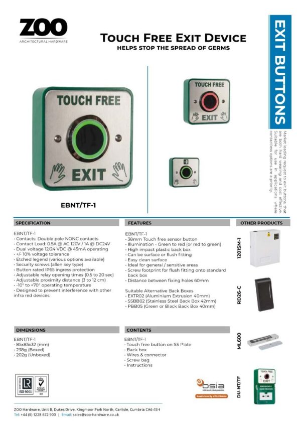 Zoo Hardware Hands Free Stainless Stel Sensor (Illuminated) - "Touch Free Exit" EBNT/TF-1