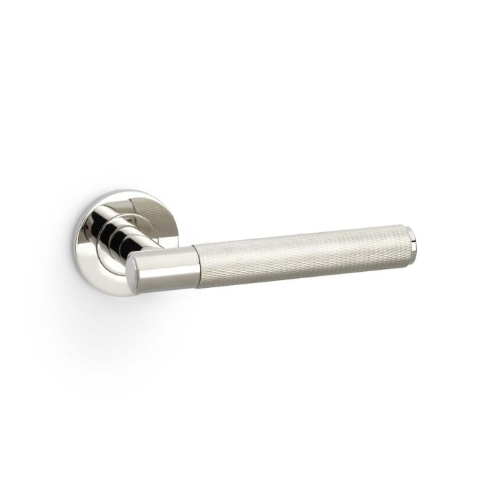 Alexander And Wilks Spitfire Door Handle Knurled On Round Rose Pol Nickel Pvd AW220PNPVD