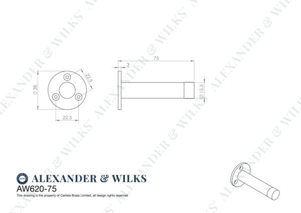 Alexander and Wilks - Cylinder Door Stop on Traditional Rose - Satin Chrome - 75mm AW620-75-SC