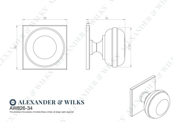 Alexander And Wilks Quantock Cupboard Knob 34Mm On Square Backplate Matt Black AW826-34-BL