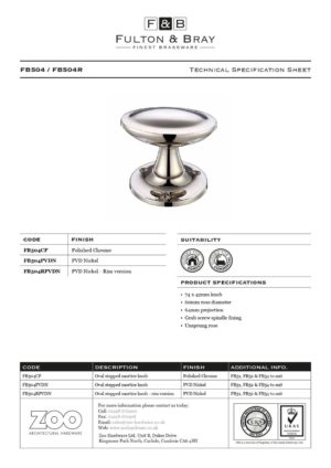 Fulton & Bray FB504PVDN Oval Stepped Mortice Knob Furniture 60mm Rose Dia PVDN Pvd Nickel
