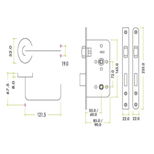 Zoo Hardware Lift To lock Kit Complete with Door Handle Set and Din Lock 60mm-Radius ZCS030LLSS-ZDL7260RLLSS