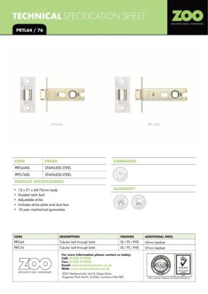 Zoo Hardware PRTL76FD-S-SSS Project Tubular Latch 76mm - UKCA/CE, Square Forend, Satin Stainless Steel
