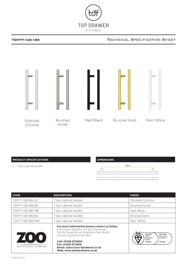 Zoo Hardware TDFPT-128-188CP T Bar Cabinet handle 128mm CTC, 188mm Total length Polished Chrome Finish