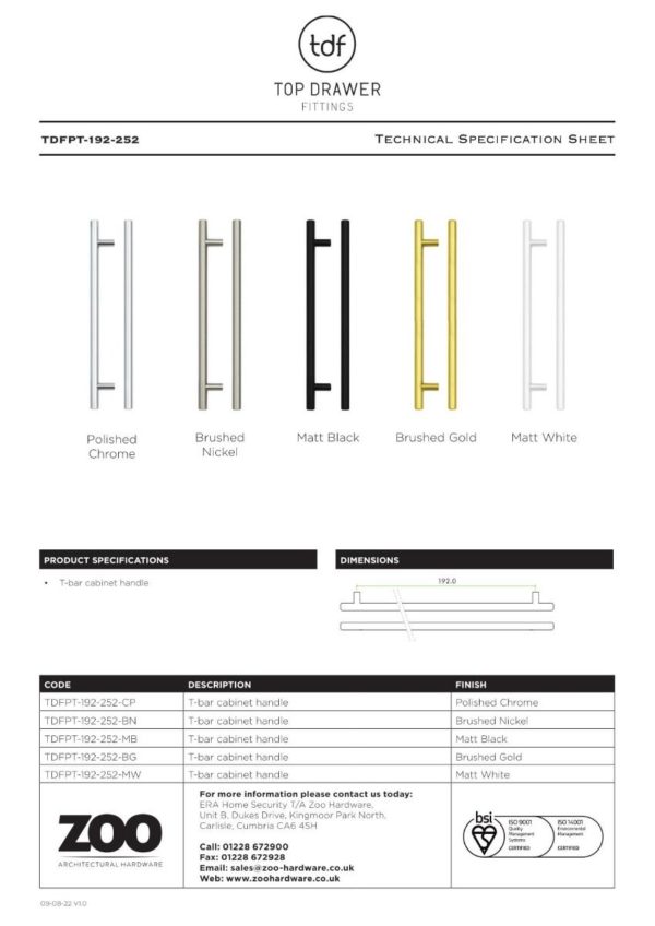 Zoo Hardware TDFPT-192-252BN T Bar Cabinet handle 192mm CTC, 252mm Total length Brushed Nickel Finish