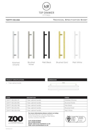 Zoo Hardware TDFPT-192-252BG T Bar Cabinet handle 192mm CTC, 252mm Total length Brushed Gold Finish

