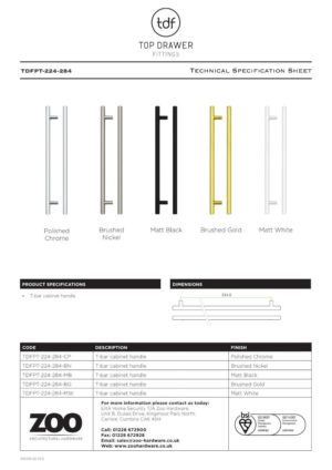Zoo Hardware TDFPT-224-284CP T Bar Cabinet handle 224mm CTC, 284mm Total length Polished Chrome Finish
