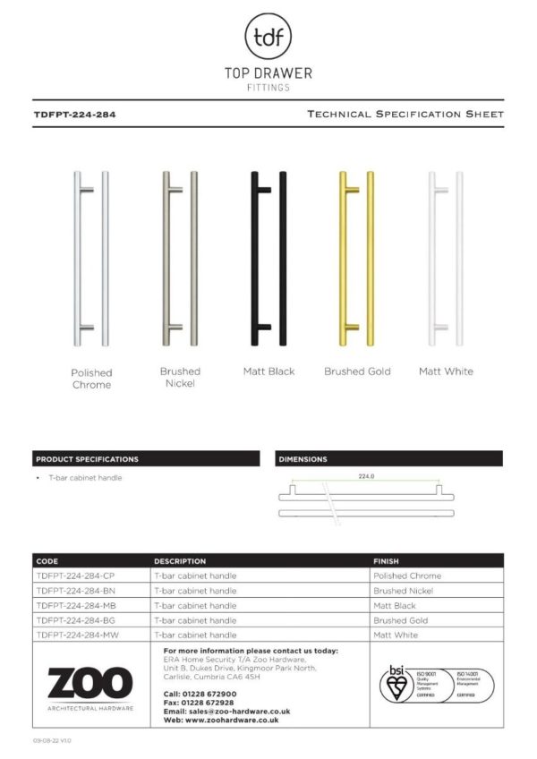 Zoo Hardware TDFPT-224-284BG T Bar Cabinet handle 224mm CTC, 284mm Total length Brushed Gold Finish
