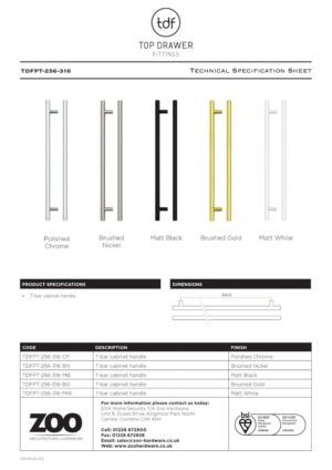 Zoo Hardware TDFPT-256-316CP T Bar Cabinet handle 256mm CTC, 316mm Total length Polished Chrome Finish
