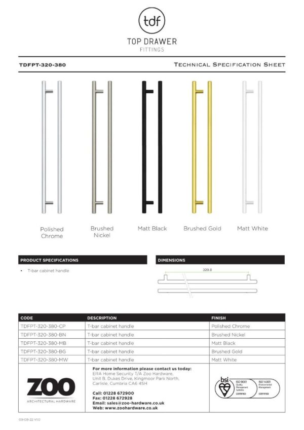 Zoo Hardware TDFPT-320-380CP T Bar Cabinet handle 320mm CTC, 380mm Total length Polished Chrome Finish