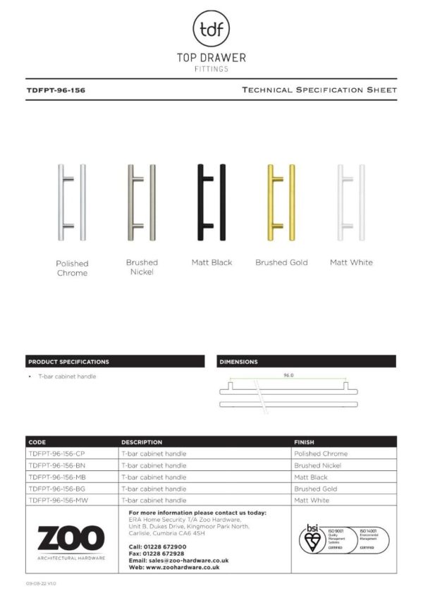 Zoo Hardware TDFPT-96-156CP T Bar Cabinet handle 96mm CTC, 156mm Total length Polished Chrome Finish