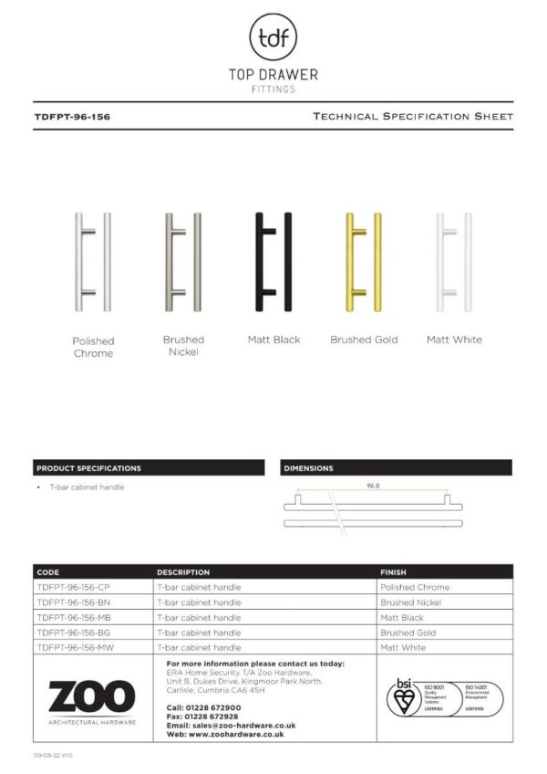 Zoo Hardware TDFPT-96-156BG T Bar Cabinet handle 96mm CTC, 156mm Total length Brushed Gold Finish