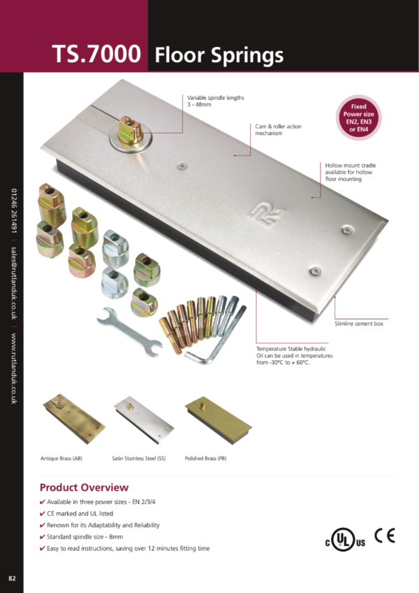 Rutland TS.7002 Hold Open Floor Spring & BC c/w Cover Plate & SA Pack Satin Stainless Steel