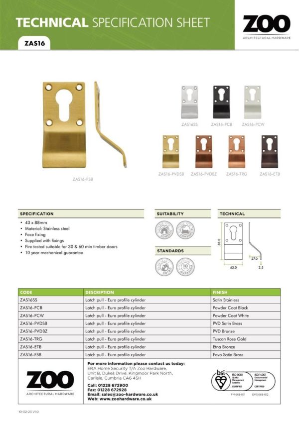 Zoo Hardware ZAS16-PCW Cylinder Latch Pull - Euro Profile - 88mm x 43mm - PCW