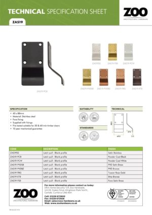 Zoo Hardware ZAS19-ETB Cylinder Latch Pull - Blank Profile - 88mm x 43mm - ETB
