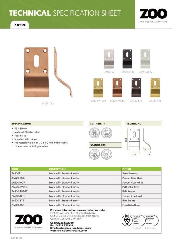 Zoo Hardware ZAS20-ETB Cylinder Latch Pull - Standard Profile - 88mm x 43mm - ETB