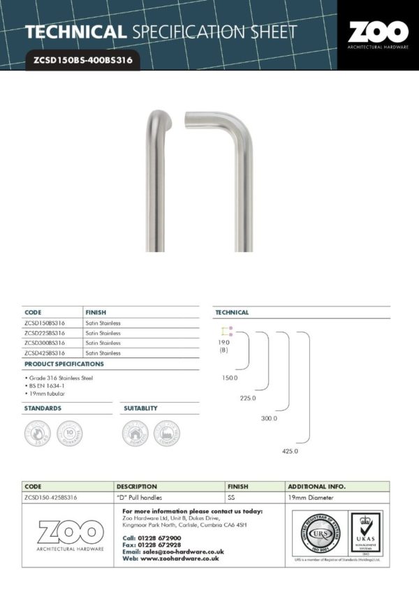 Zoo Hardware 19mm X 300mm Back To Back Pull Handle Set (With Grub Screws)- Rosso - PVD Satin Brass ZCSD300-GS-PVDSB