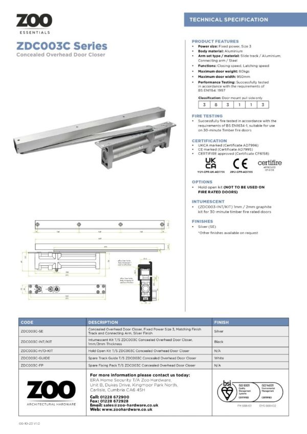 Zoo Hardware Intumescent Kit T/S ZDC003C Concealed Overhead Door Closer, 1mm/2mm Thickness ZDC003C-INT/KIT