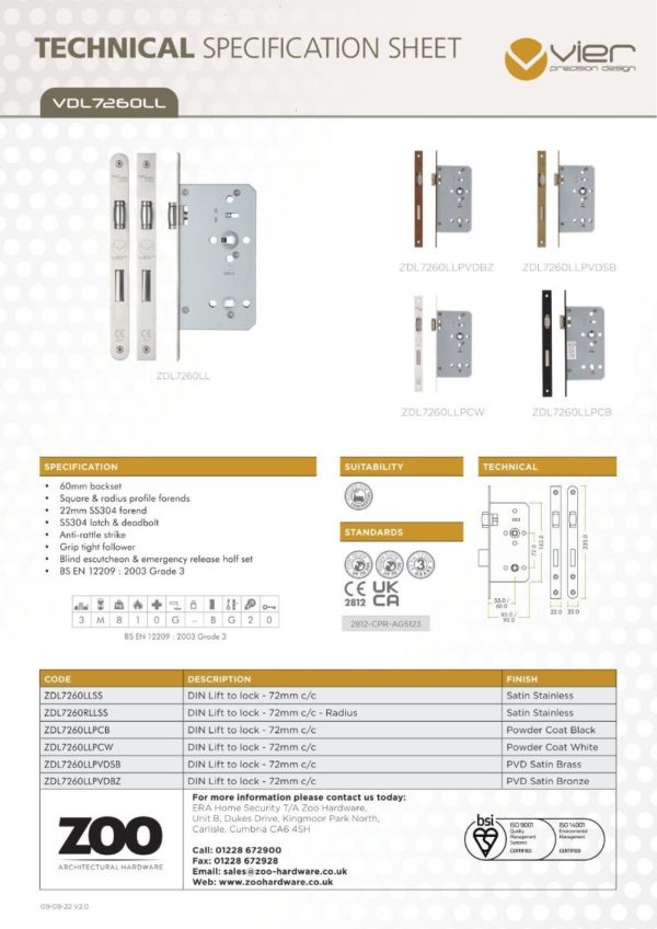 Zoo Hardware ZDL7260LL-PCB DIN lift To Lock - 72mm c/c 1 Pc Forend Square Powder Coated Black