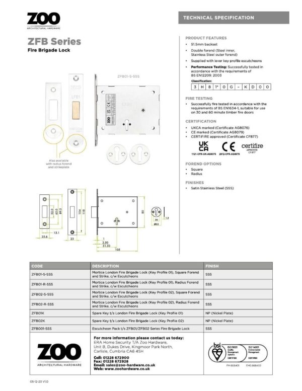 Zoo Hardware FB1 London Fire Brigade Lock Square Forend and Strike, c/w Escutcheons CE/UKCA/CERTIFIRE Satin Stainless Steel